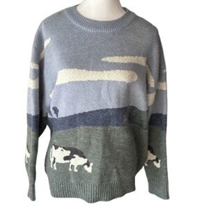 Cow Sweater ADAM FREAK Mens Medium Women’s Knit Nature Animal Wool Blue Green